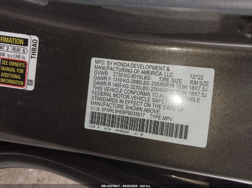 2023 Honda Odyssey Ex-L VIN: 5FNRL6H69PB033617 Lot: 43279617