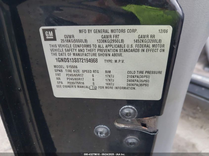 2007 Chevrolet Trailblazer Ls VIN: 1GNDS13S072194968 Lot: 43279618