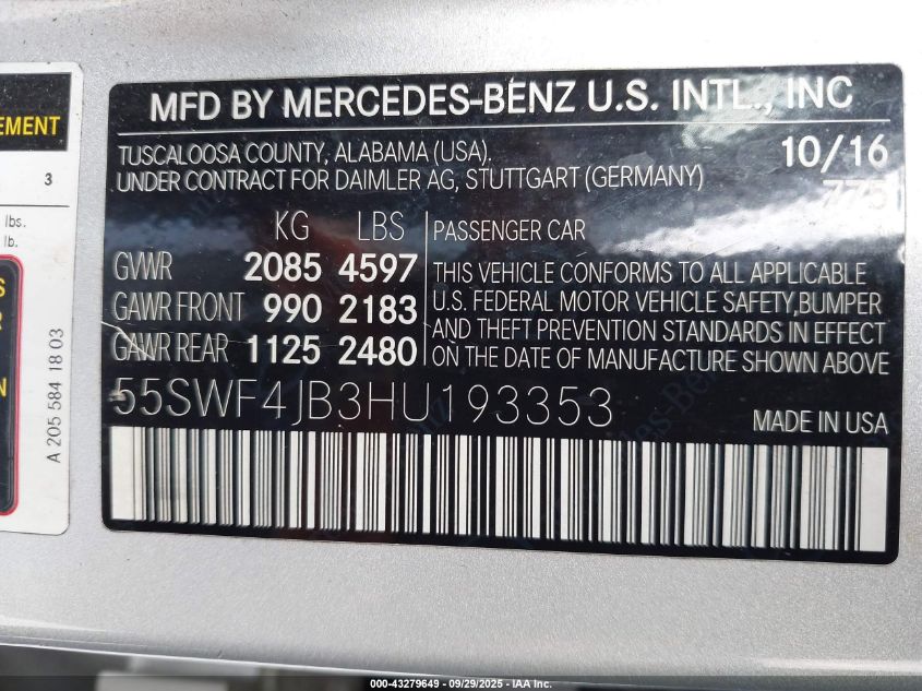 2017 Mercedes-Benz C 300 VIN: 55SWF4JB3HU193353 Lot: 43279649