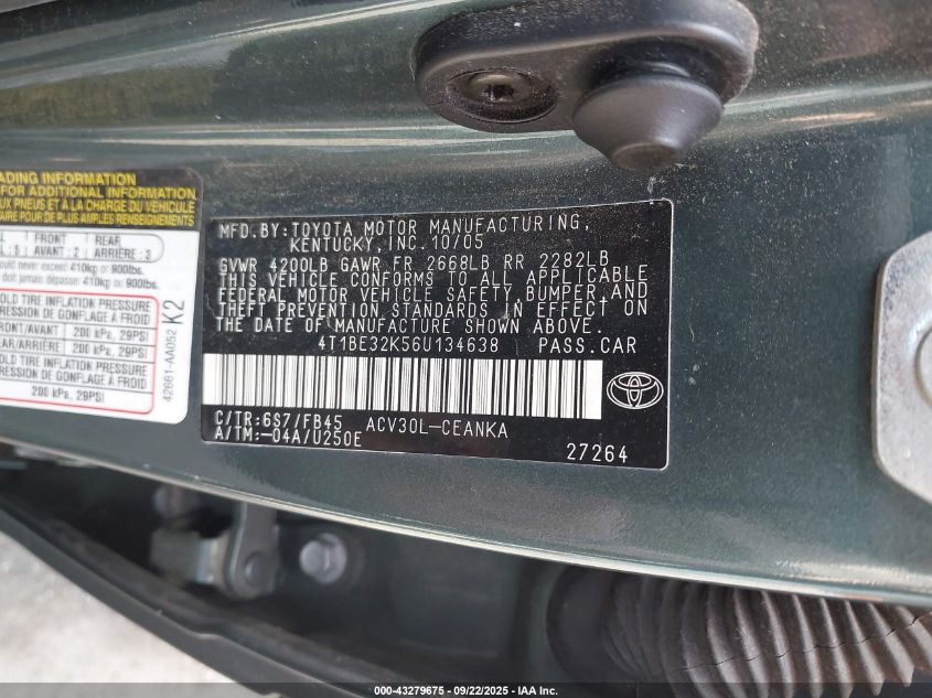 2006 Toyota Camry Le VIN: 4T1BE32K56U134638 Lot: 43279675