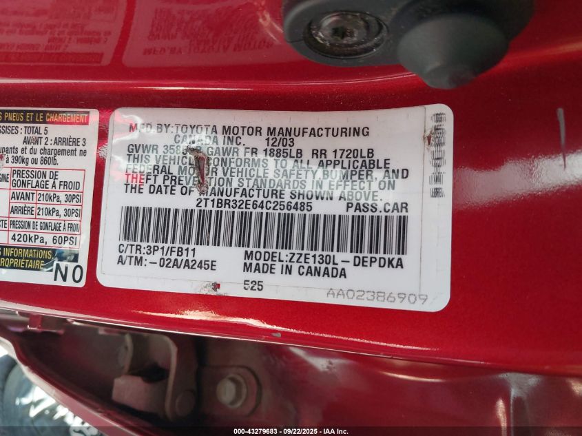 2004 Toyota Corolla Ce VIN: 2T1BR32E64C256485 Lot: 43279683