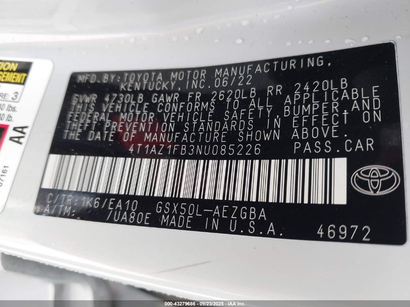 2022 Toyota Avalon Xle VIN: 4T1AZ1FB3NU085226 Lot: 43279686