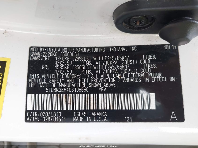 2012 Toyota Highlander Se V6 VIN: 5TDBK3EH4CS108660 Lot: 43279703