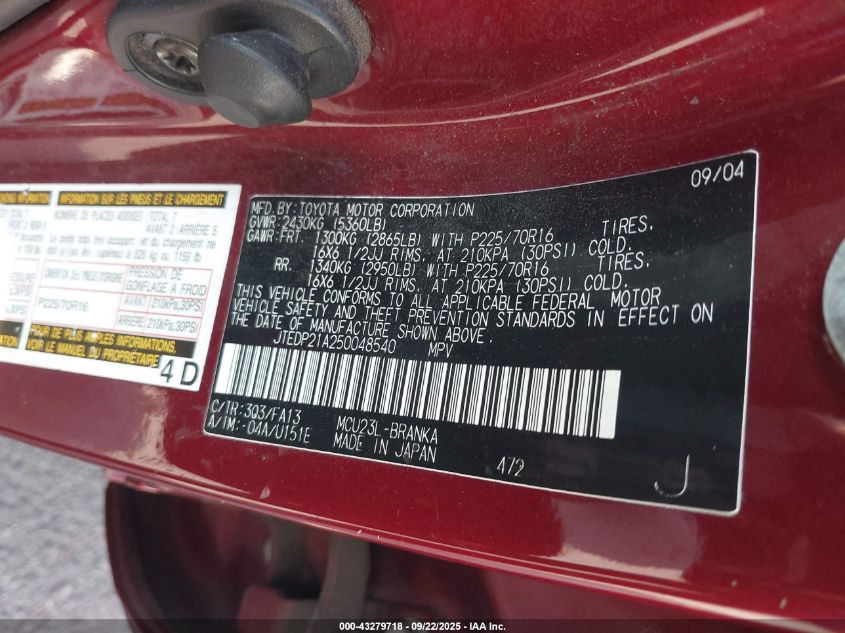 2005 Toyota Highlander V6 VIN: JTEDP21A250048540 Lot: 43279718