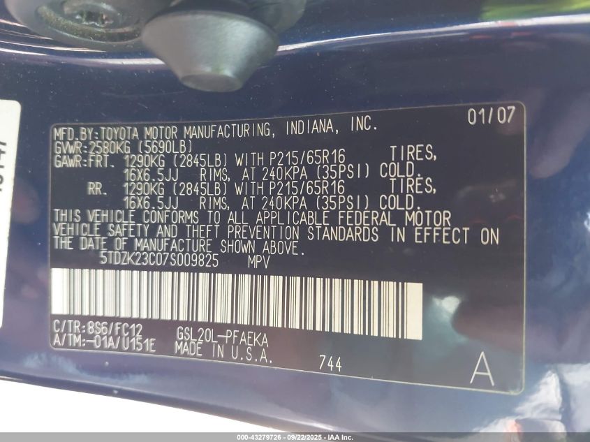 2007 Toyota Sienna Le VIN: 5TDZK23C07S009825 Lot: 43279726