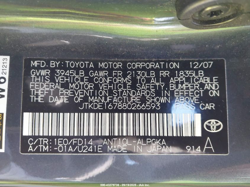 2008 Scion Tc VIN: JTKDE167880266593 Lot: 43279736