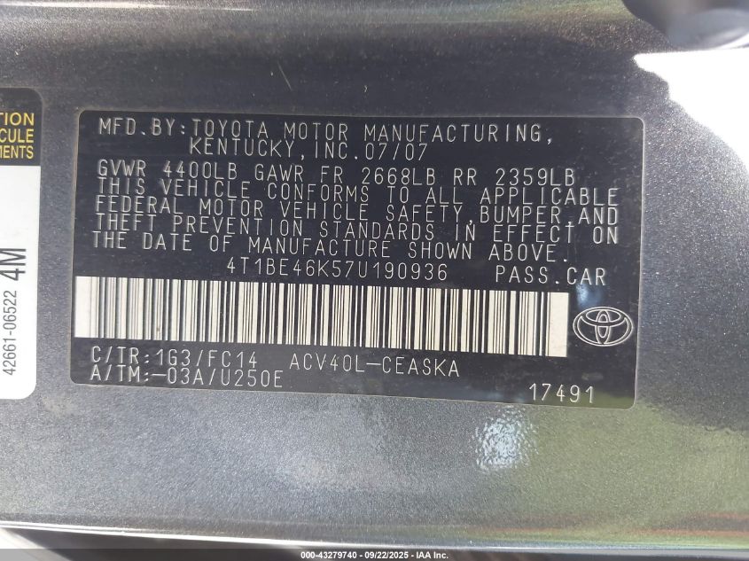 2007 Toyota Camry Se VIN: 4T1BE46K57U190936 Lot: 43279740