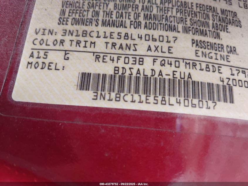 2008 Nissan Versa 1.8S VIN: 3N1BC11E58L406017 Lot: 43279752