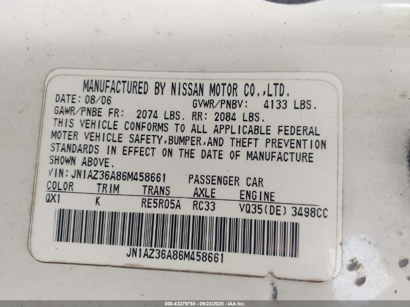 2006 Nissan 350Z Touring VIN: JN1AZ36A86M458661 Lot: 43279755