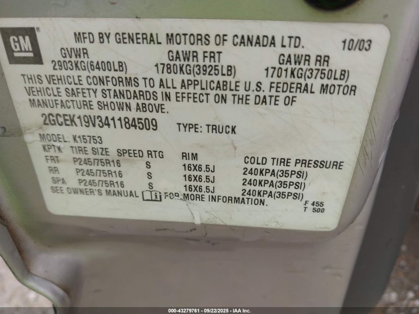 2004 Chevrolet Silverado 1500 VIN: 2GCEK19V341184509 Lot: 43279761