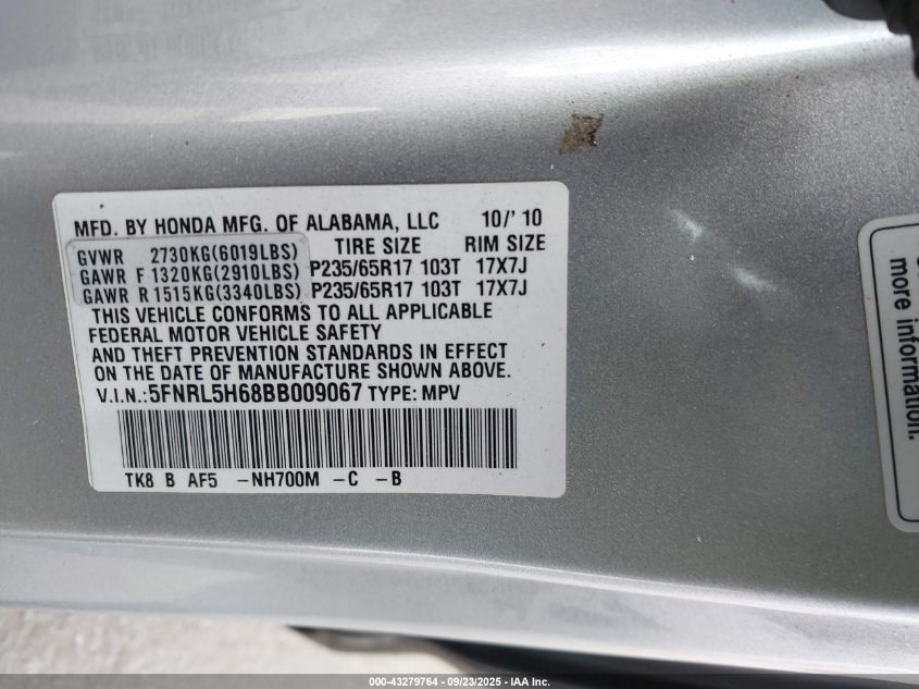 2011 Honda Odyssey Ex-L VIN: 5FNRL5H68BB009067 Lot: 43279764