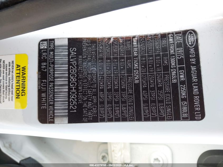 2016 Land Rover Range Rover Evoque Se/Se Premium VIN: SALVP2BG8GH092521 Lot: 43279765