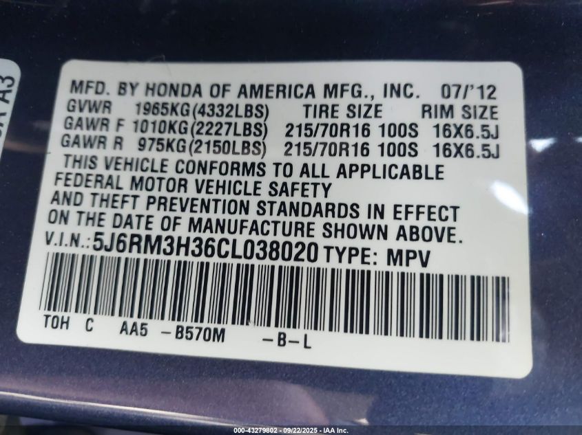 2012 Honda Cr-V Lx VIN: 5J6RM3H36CL038020 Lot: 43279802