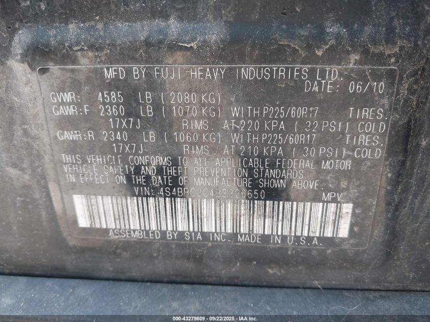 2011 Subaru Outback 2.5I Limited VIN: 4S4BRCJC4B3326650 Lot: 43279809