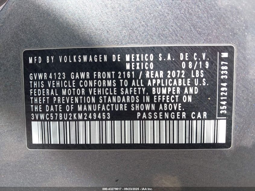 2019 Volkswagen Jetta 1.4T R-Line/1.4T S/1.4T Se VIN: 3VWC57BU2KM249453 Lot: 43279817