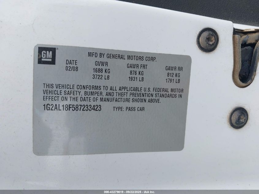 2008 Pontiac G5 VIN: 1G2AL18F587233423 Lot: 43279819