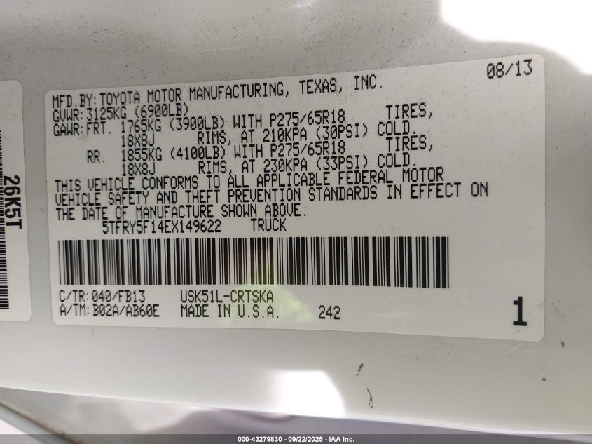 2014 Toyota Tundra Sr5 5.7L V8 VIN: 5TFRY5F14EX149622 Lot: 43279830