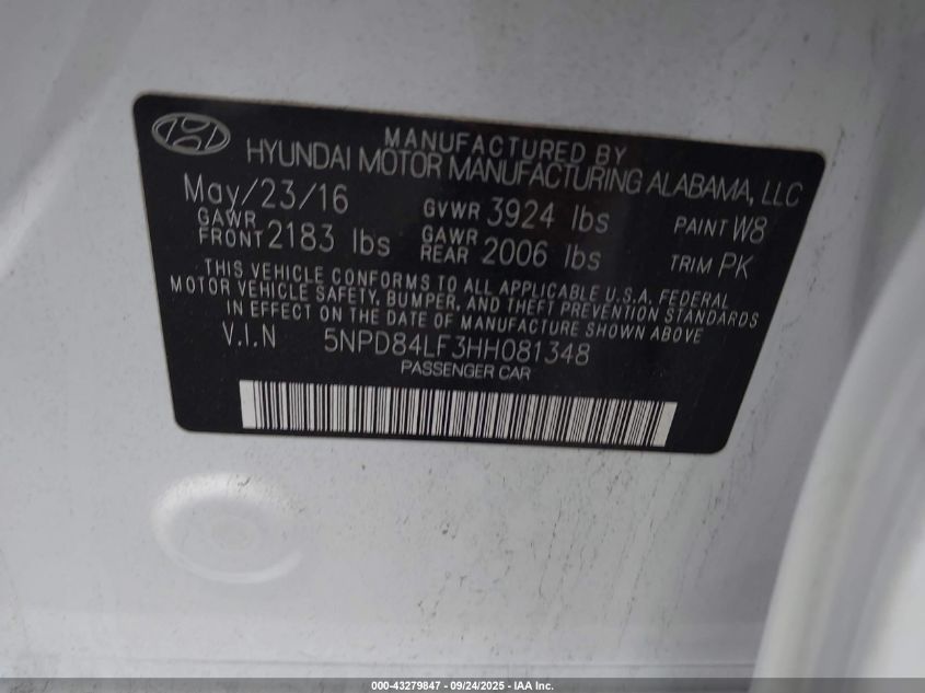 2017 Hyundai Elantra Se VIN: 5NPD84LF3HH081348 Lot: 43279847