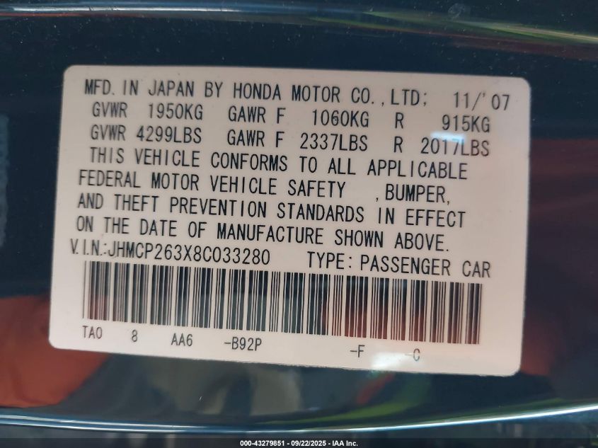 2008 Honda Accord 2.4 Lx VIN: JHMCP263X8C033280 Lot: 43279851