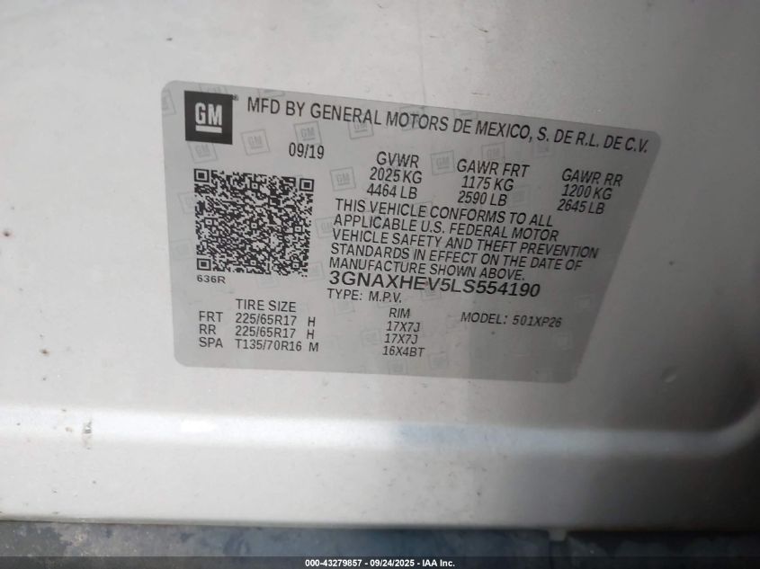 2020 Chevrolet Equinox Fwd Ls VIN: 3GNAXHEV5LS554190 Lot: 43279857