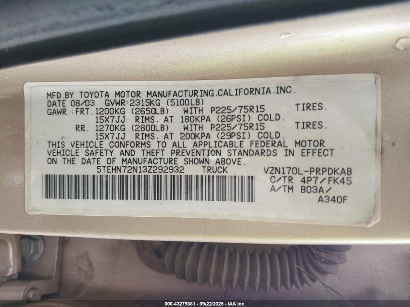 2003 Toyota Tacoma Base V6 VIN: 5TEHN72N13Z292932 Lot: 43279881