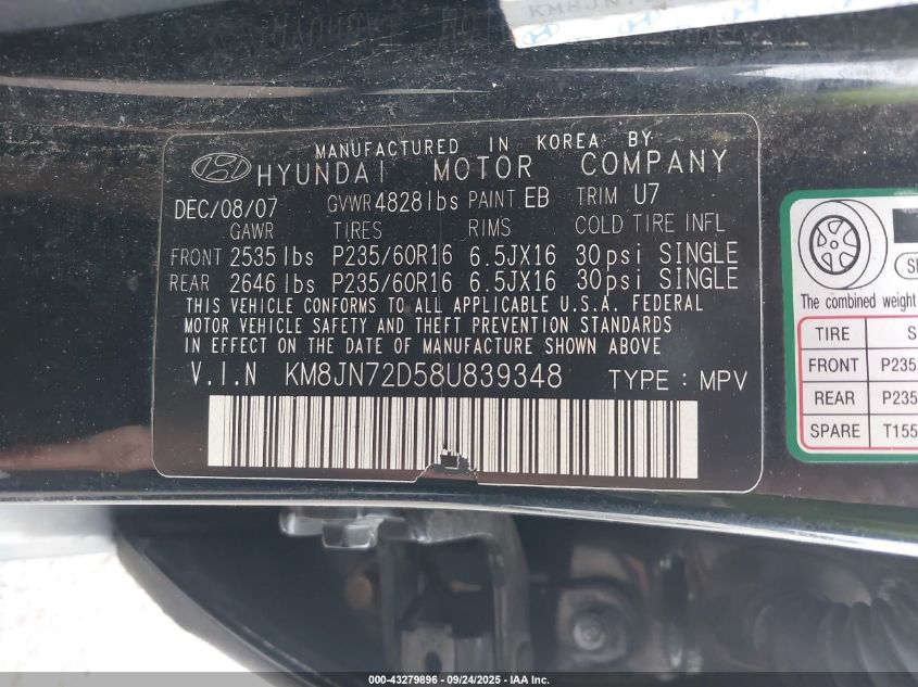 2008 Hyundai Tucson Limited V6/Se VIN: KM8JN72D58U839348 Lot: 43279896