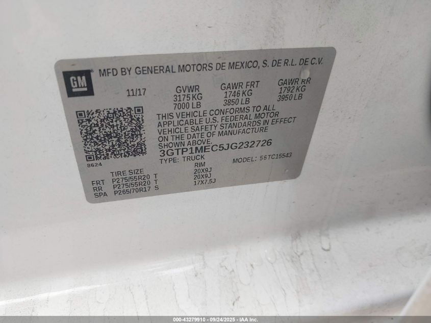 2018 GMC Sierra 1500 Sle VIN: 3GTP1MEC5JG232726 Lot: 43279910