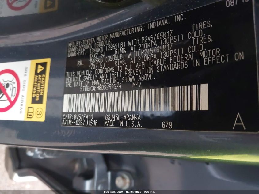 2013 Toyota Highlander Base Plus V6 VIN: 5TDBK3EH8DS252374 Lot: 43279921