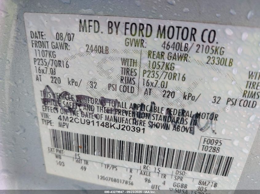 2008 Mercury Mariner V6 VIN: 4M2CU91148KJ20391 Lot: 43279947