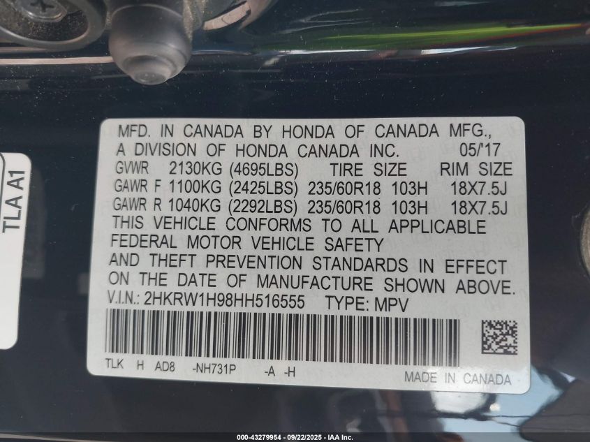 2017 Honda Cr-V Touring VIN: 2HKRW1H98HH516555 Lot: 43279954
