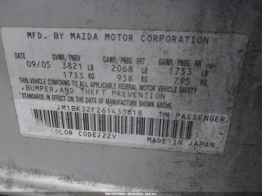 2006 Mazda Mazda3 I VIN: JM1BK32F261433618 Lot: 43279955