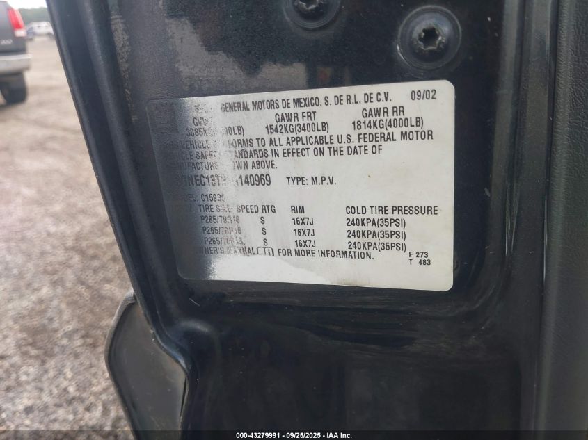 2003 Chevrolet Avalanche 1500 VIN: 3GNEC13T23G140969 Lot: 43279991