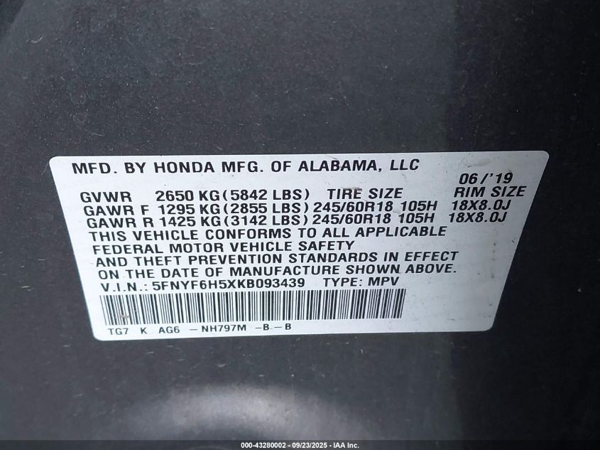 2019 Honda Pilot Ex-L VIN: 5FNYF6H5XKB093439 Lot: 43280002