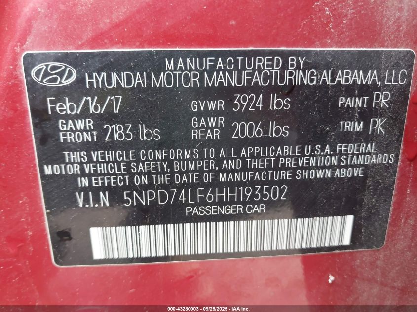 2017 Hyundai Elantra Se VIN: 5NPD74LF6HH193502 Lot: 43280003