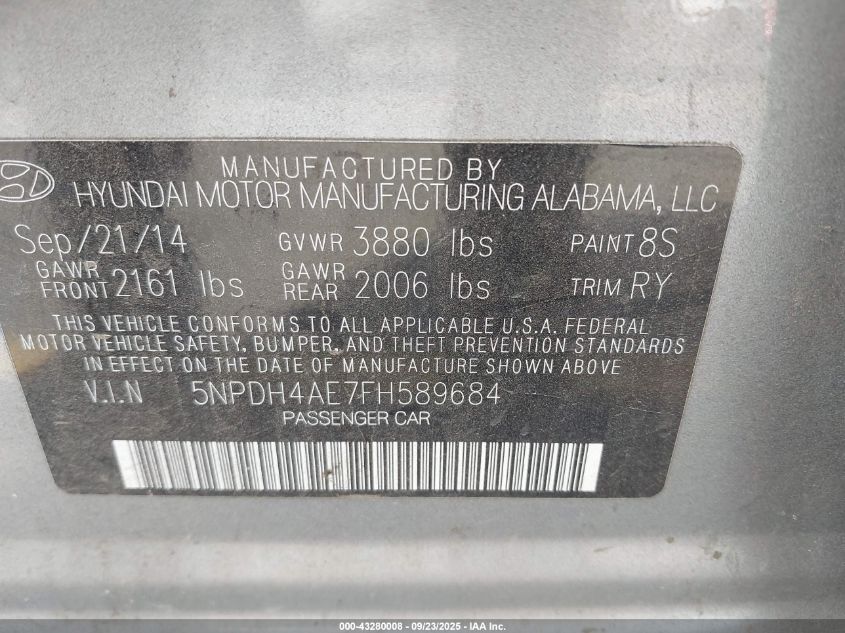 2015 Hyundai Elantra Se VIN: 5NPDH4AE7FH589684 Lot: 43280008