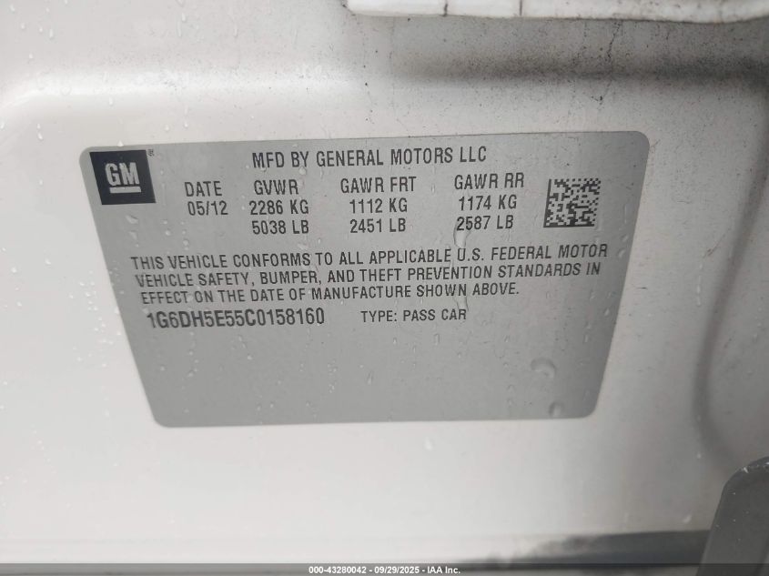 2012 Cadillac Cts Luxury VIN: 1G6DH5E55C0158160 Lot: 43280042