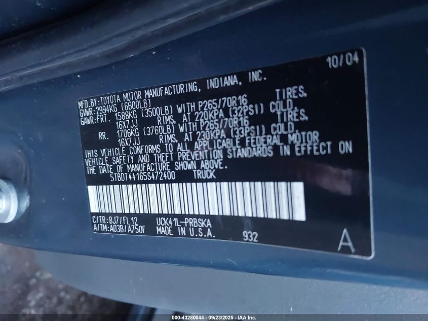 2005 Toyota Tundra Sr5 V8 VIN: 5TBDT44165S472400 Lot: 43280044