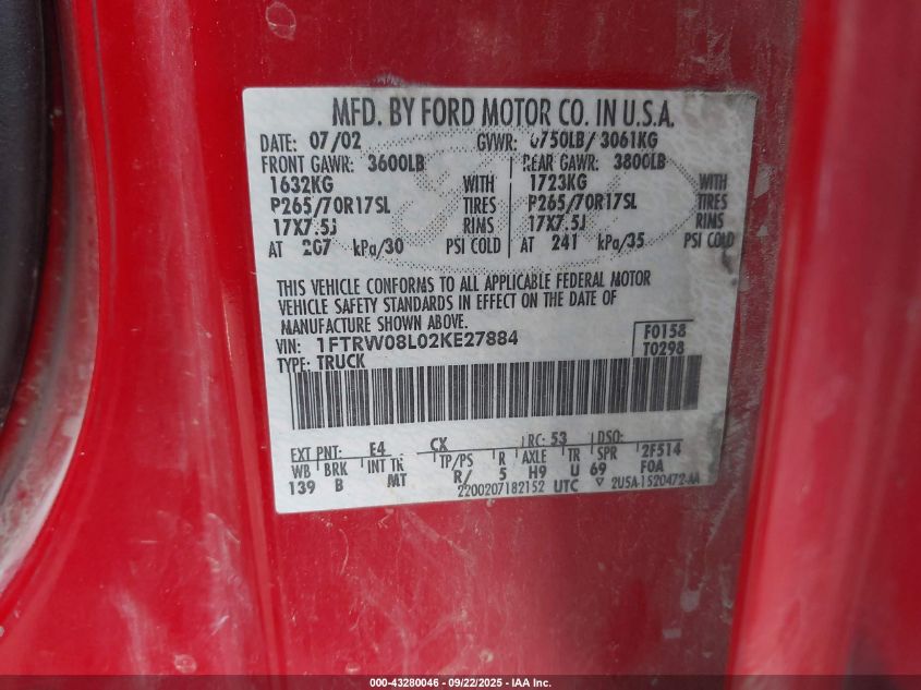 2002 Ford F-150 Lariat/Xlt VIN: 1FTRW08L02KE27884 Lot: 43280046