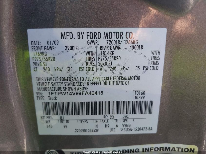 2009 Ford F-150 Platinum VIN: 1FTPW14V99FA40418 Lot: 43280047