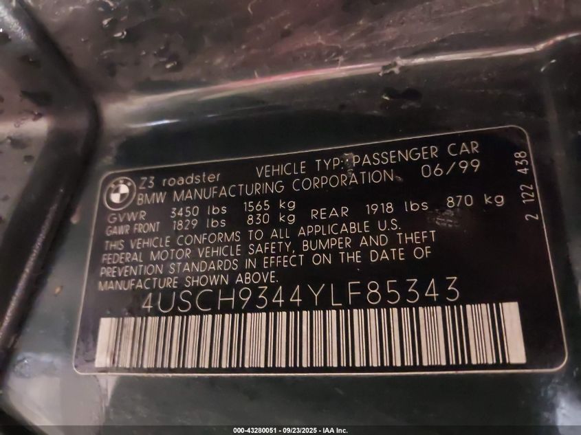 2000 BMW Z3 2.3 VIN: 4USCH9344YLF85343 Lot: 43280051