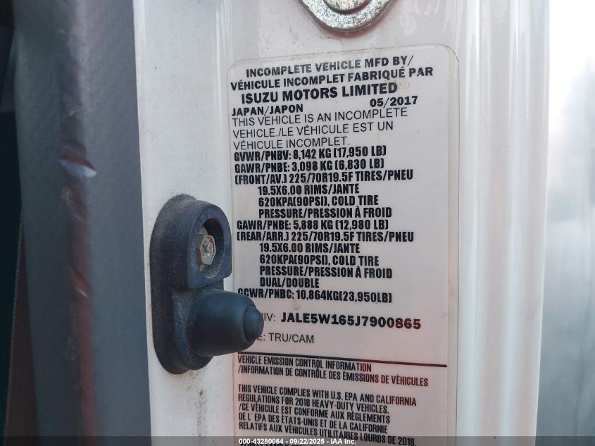 2018 Isuzu Nqr VIN: JALE5W165J7900865 Lot: 43280064