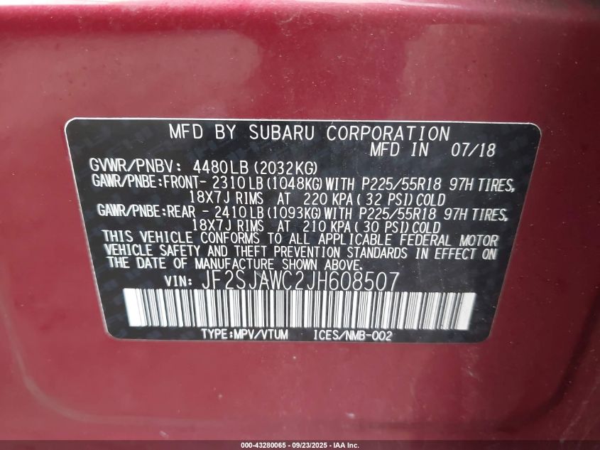 2018 Subaru Forester VIN: JF2SJAWC2JH608507 Lot: 43280065