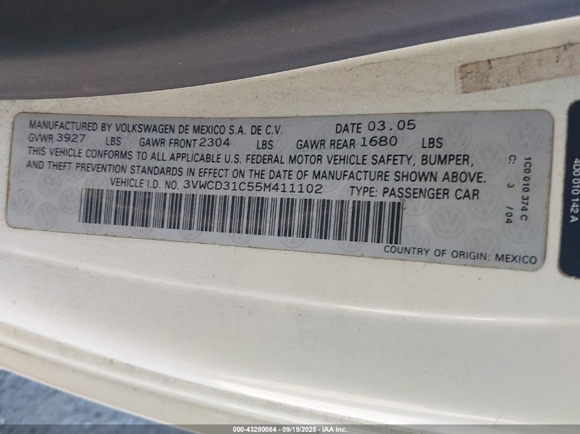 2005 Volkswagen New Beetle Gls 1.8T VIN: 3VWCD31C55M411102 Lot: 43280084