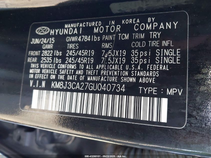 2016 Hyundai Tucson Limited VIN: KM8J3CA27GU040734 Lot: 43280101