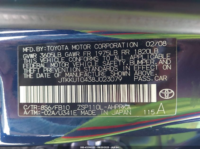 2008 Scion Xd VIN: JTKKU10438J023079 Lot: 43280103