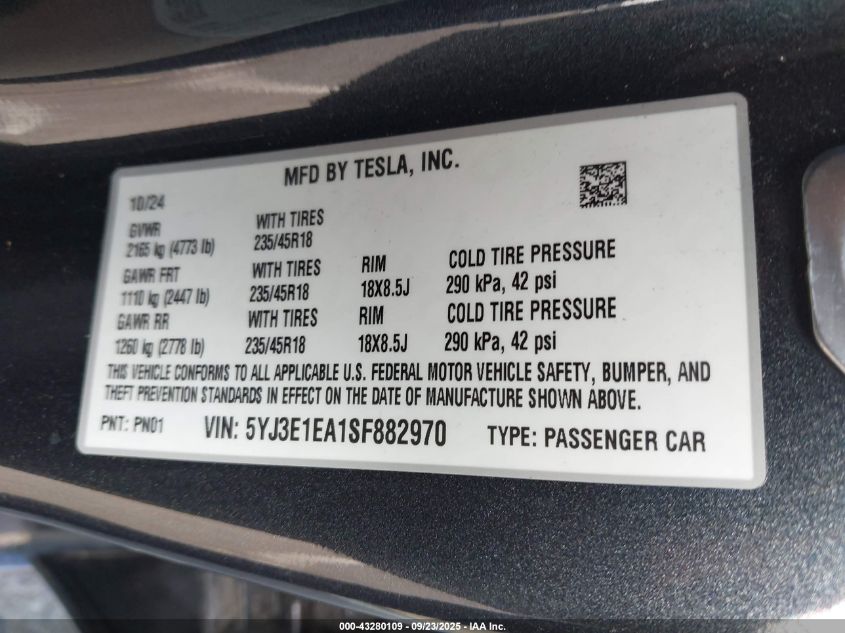 2025 Tesla Model 3 Long Range Rear-Wheel Drive VIN: 5YJ3E1EA1SF882970 Lot: 43280109