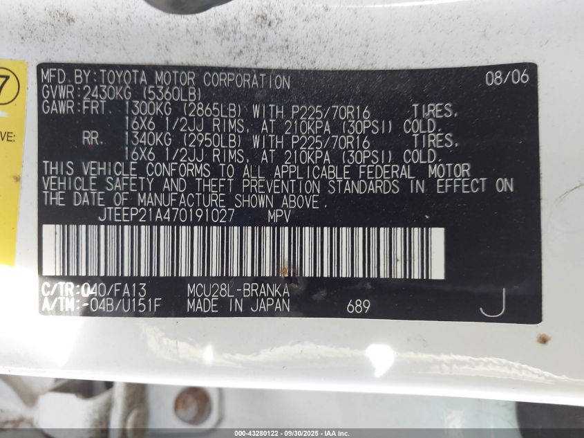 2007 Toyota Highlander V6 VIN: JTEEP21A470191027 Lot: 43280122