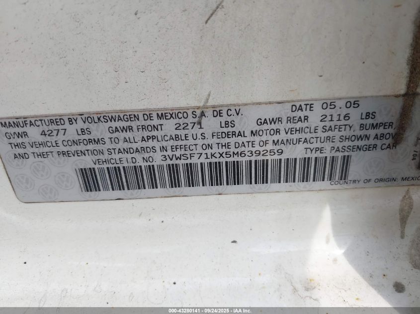 2005 Volkswagen Jetta 2.5 VIN: 3VWSF71KX5M639259 Lot: 43280141
