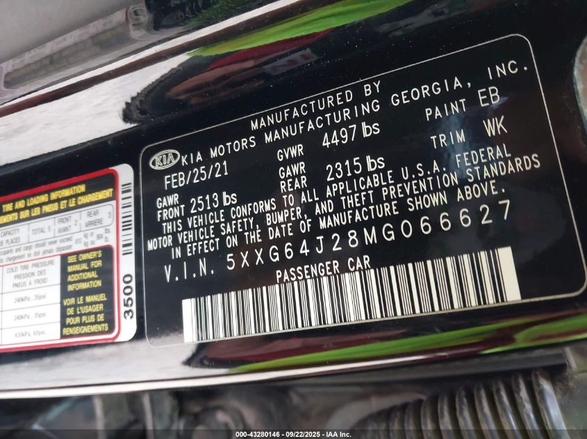 2021 Kia K5 Gt-Line VIN: 5XXG64J28MG066627 Lot: 43280146