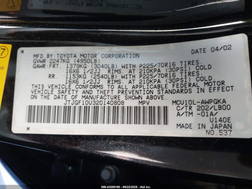 2002 Lexus Rx 300 VIN: JTJGF10U320140808 Lot: 43280160